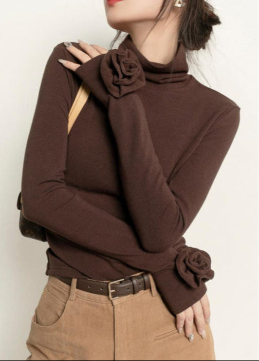 Fashion Brown Micro Velvet Lined Turtleneck Bottoming Shirt