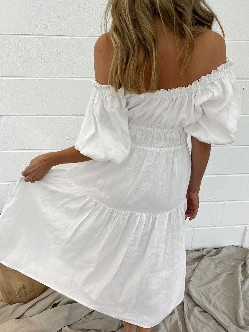 Fashion Off-Neck Cotton Puff Sleeve Dress