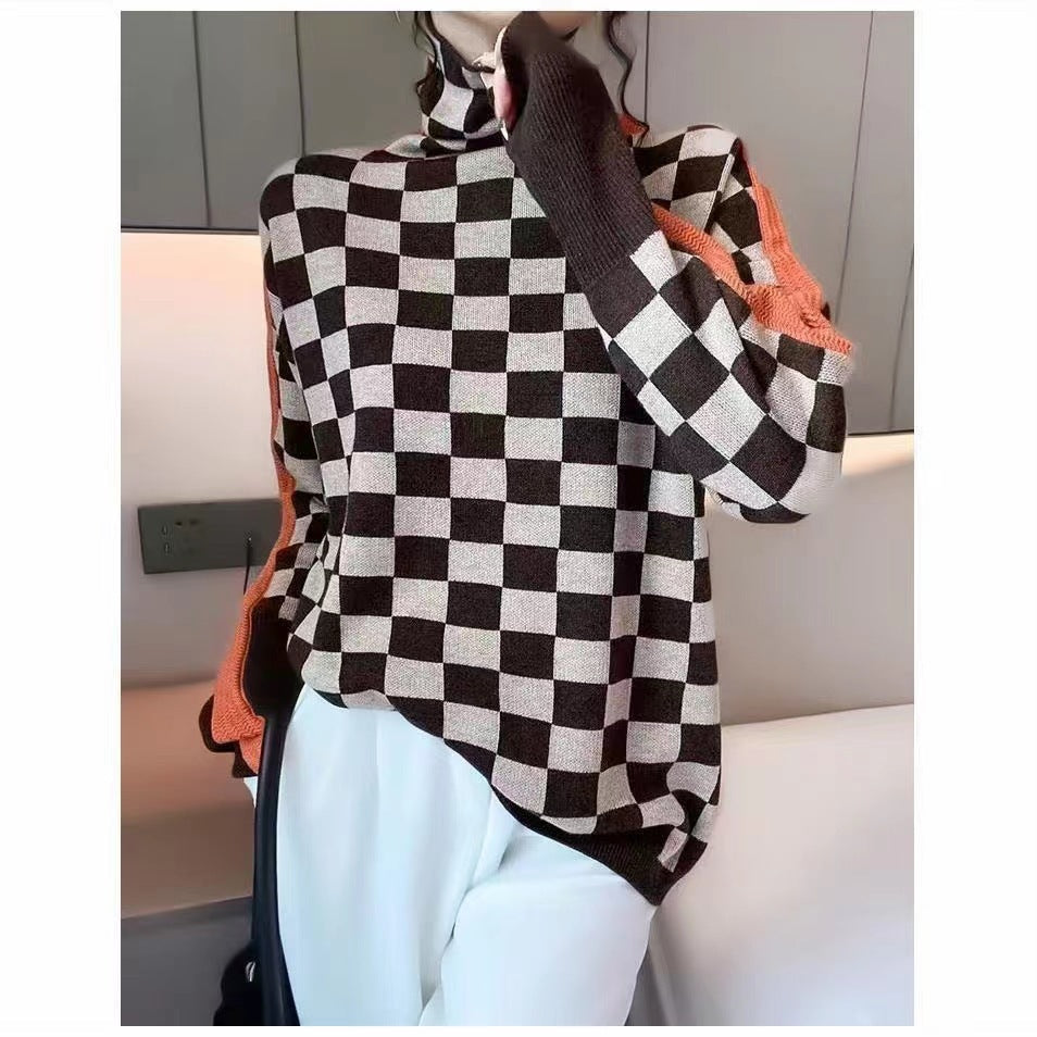 Fashion Houndstooth Turtleneck Sweater