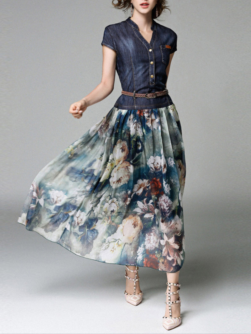 Fashion Denim Printing V-Neck Dress