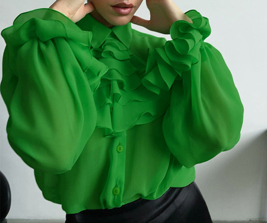 Fashion Chiffon Perspective Ruffle Slim Fit Shirt