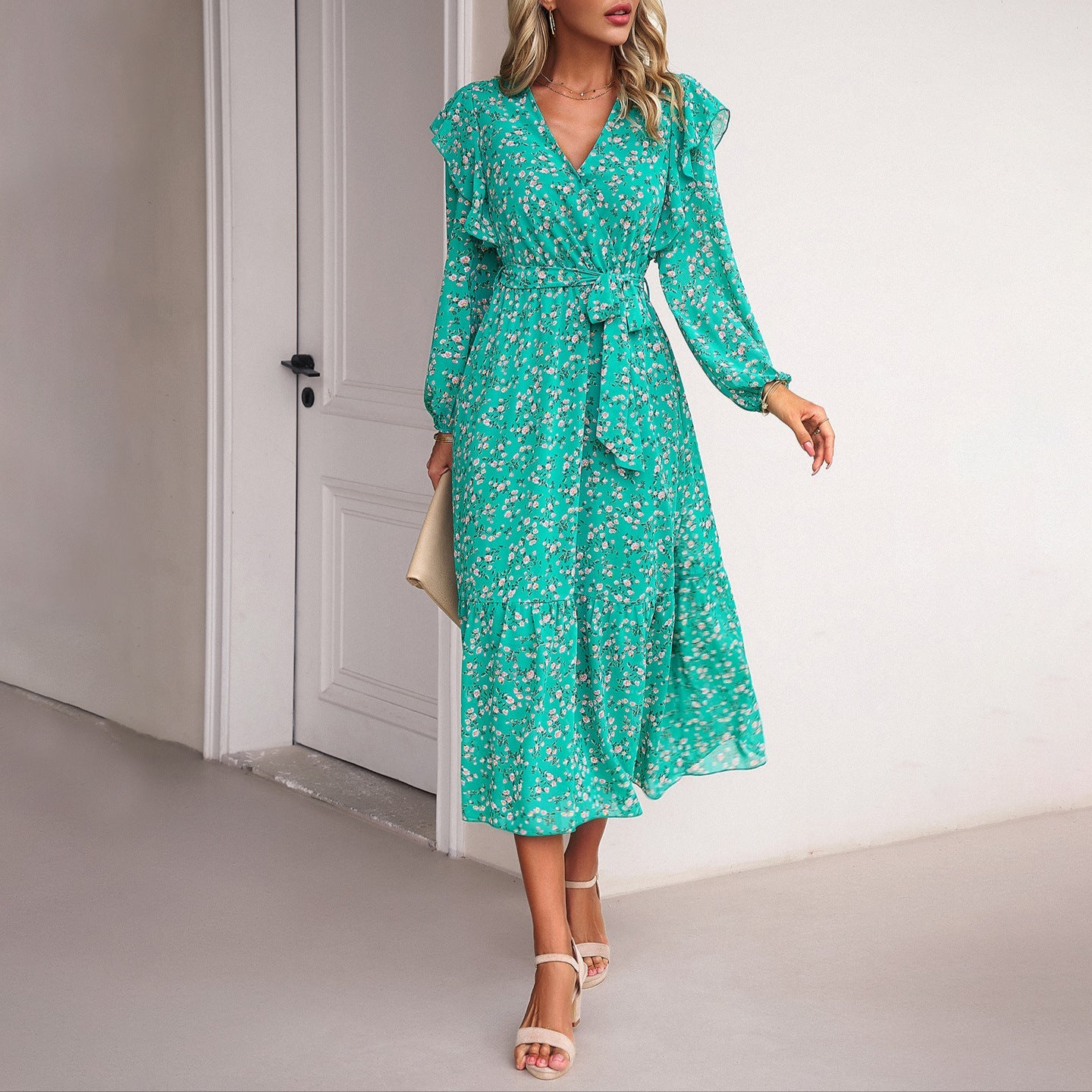 Fashion Floral V-Neck Midi Dress