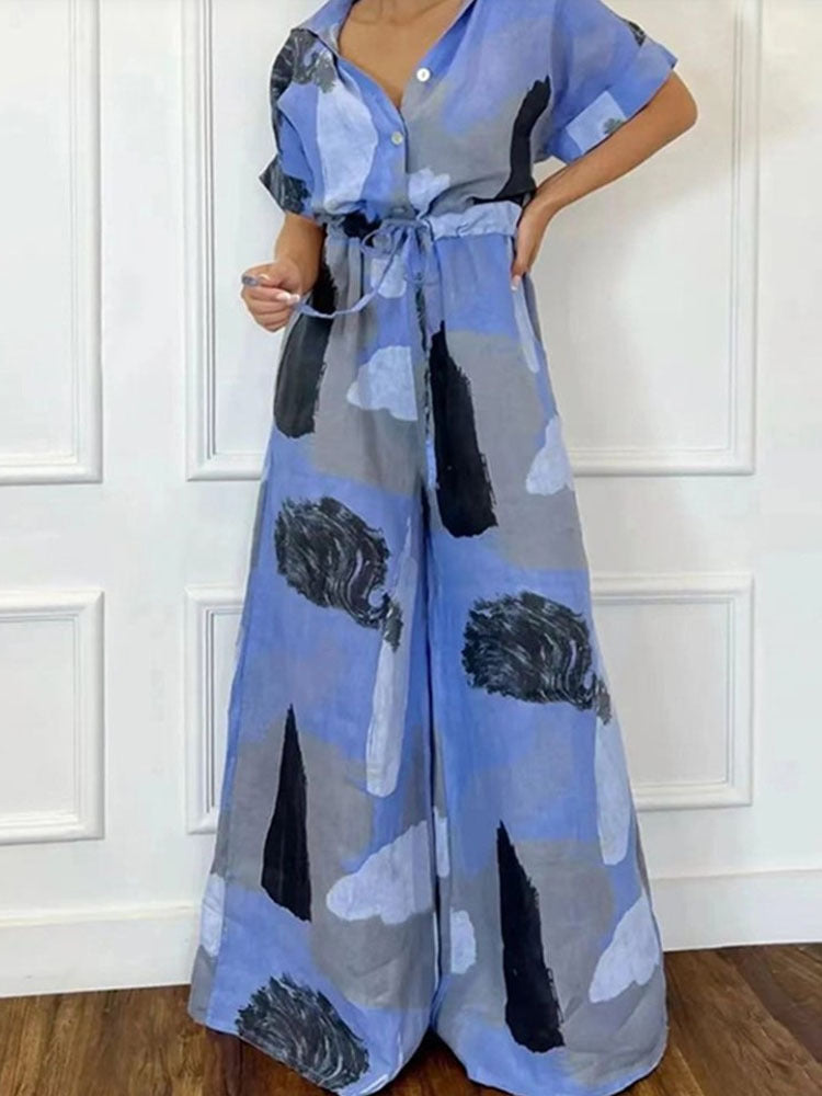 Fashion Lapel Print Lace-Up Jumpsuit