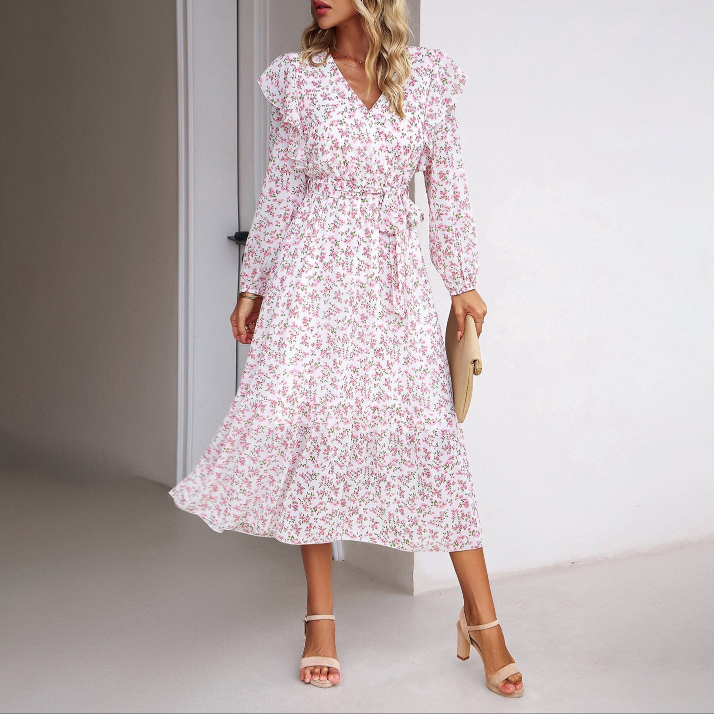 Fashion Floral V-Neck Midi Dress