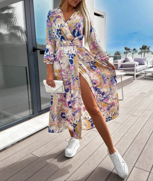 Fashion Printed V-Neck Belt Dress