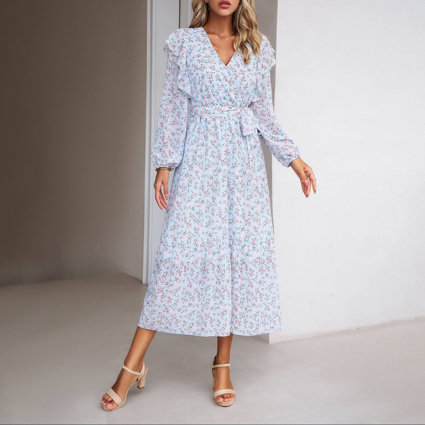 Fashion Floral V-Neck Midi Dress