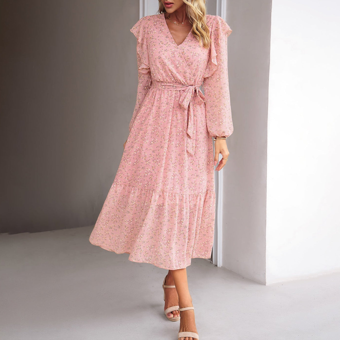 Fashion Floral V-Neck Midi Dress