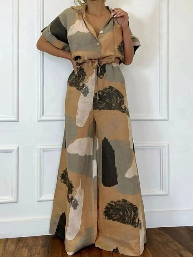 Fashion Lapel Print Lace-Up Jumpsuit