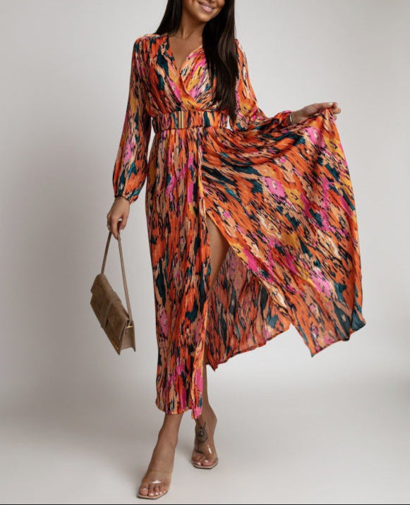 Fashion Printed V-Neck Belt Dress