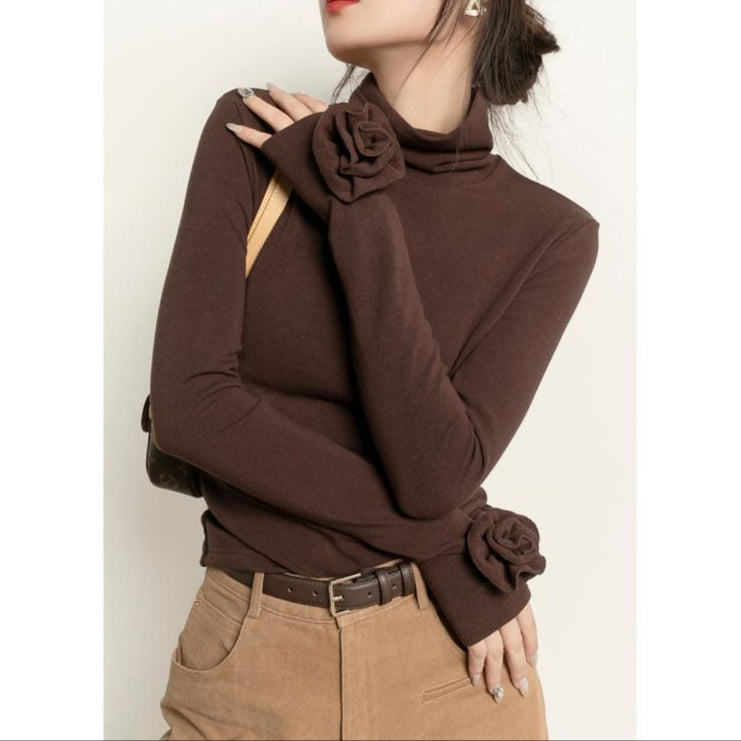 Fashion Brown Micro Velvet Lined Turtleneck Bottoming Shirt