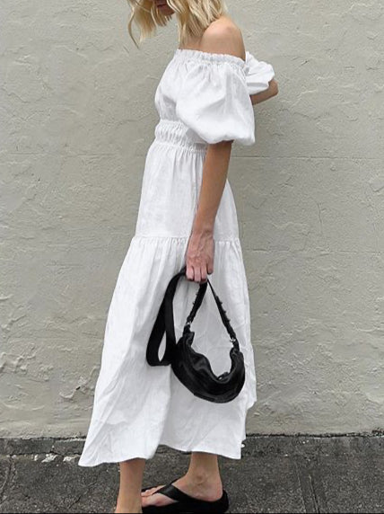 Fashion Off-Neck Cotton Puff Sleeve Dress