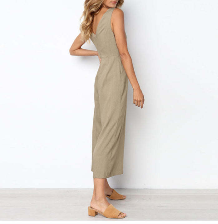 Fashion Dacron Button Backless Jumpsuit