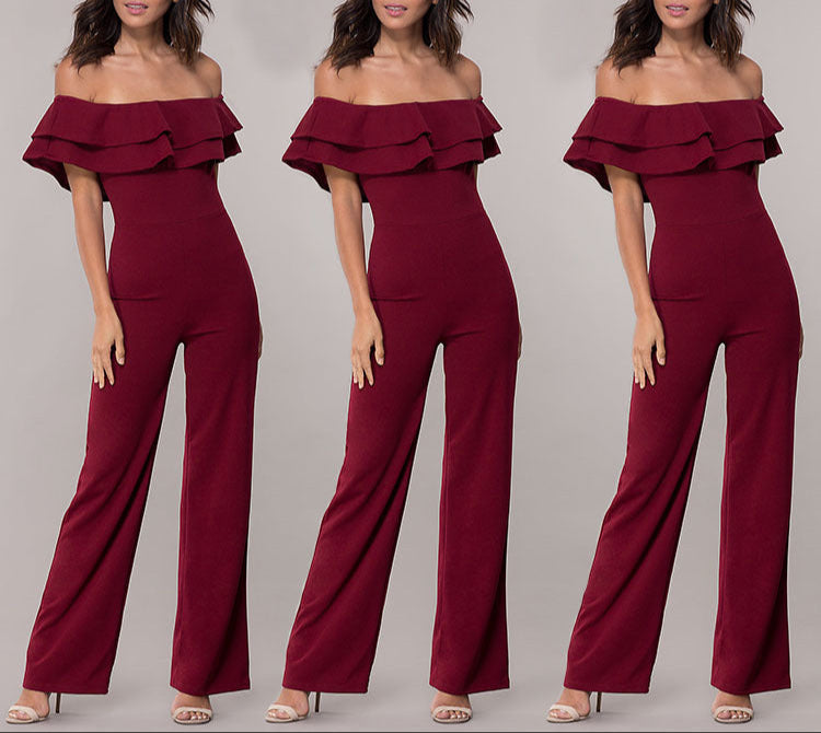 Fashion Pure Color Ruffles Jumpsuit