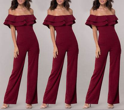Fashion Pure Color Ruffles Jumpsuit