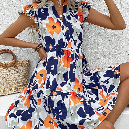 Fashion Ruffled Hem Notched Collar Bay Sleeve Dress