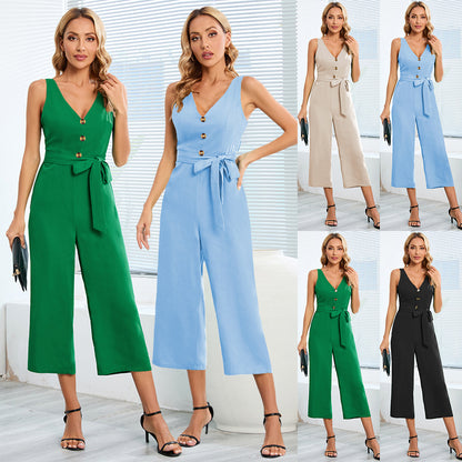Fashion Button V-Neck Jumpsuit