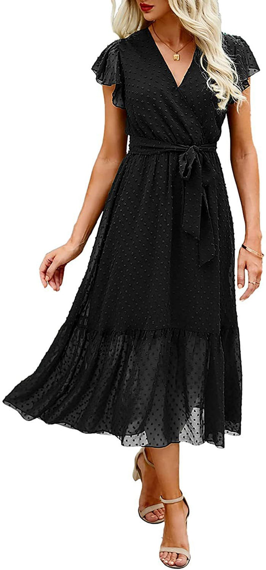Fashion Printed V-Neck Cross Lace-Up Dress