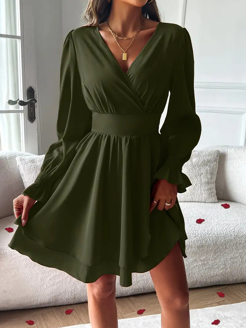 Fashion Double-Layer Skirt V-Neck Tight Waist Dress