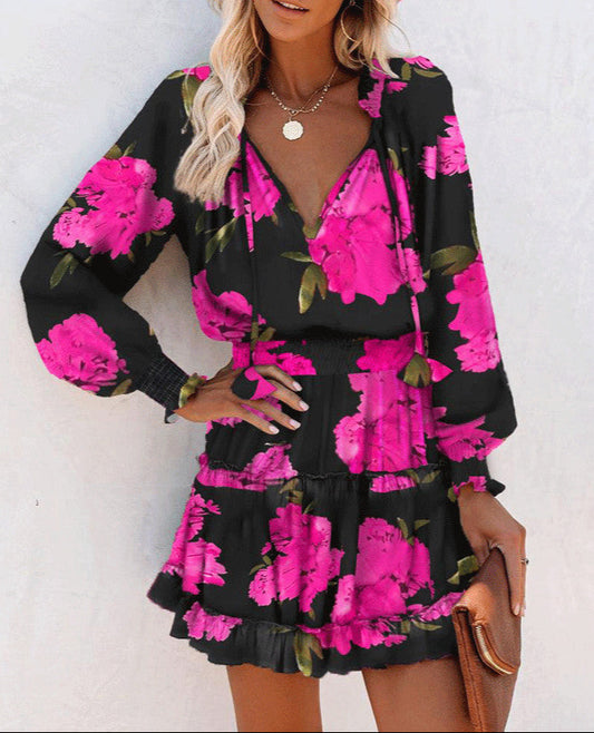 Fashion Printed Patchwork Puff Sleeve Dress