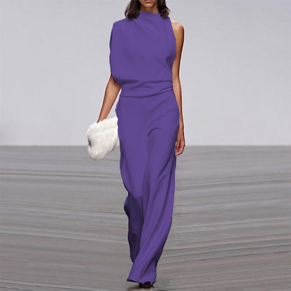 Fashion One-Shoulder Pile Collar Jumpsuit