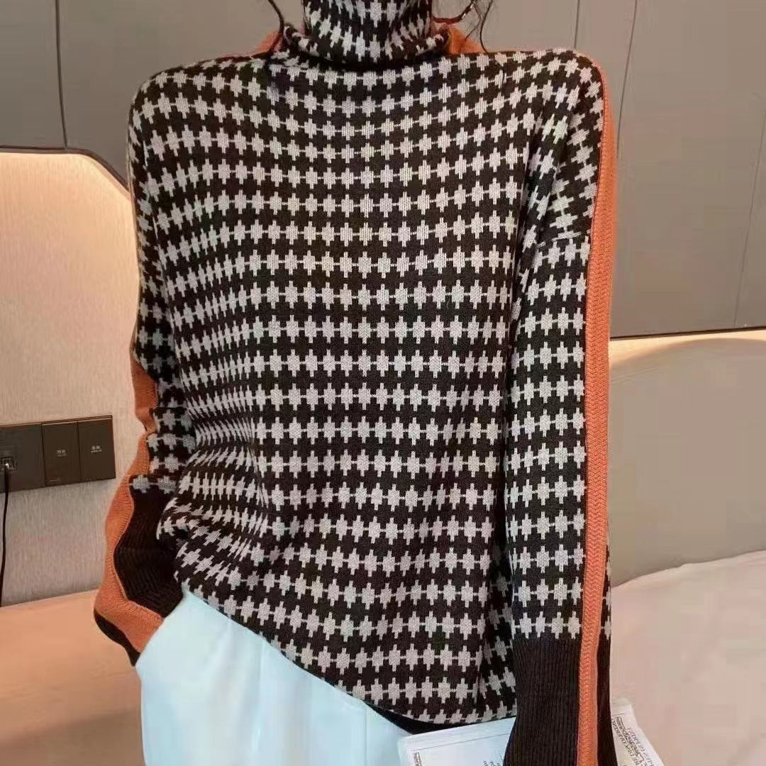 Fashion Houndstooth Turtleneck Sweater