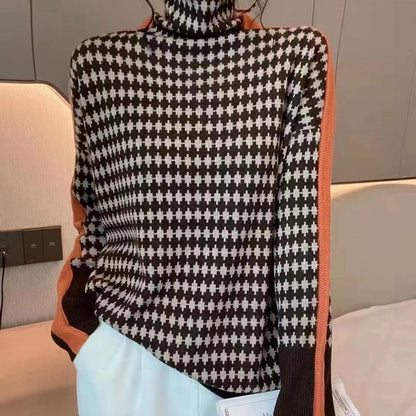 Fashion Houndstooth Turtleneck Sweater