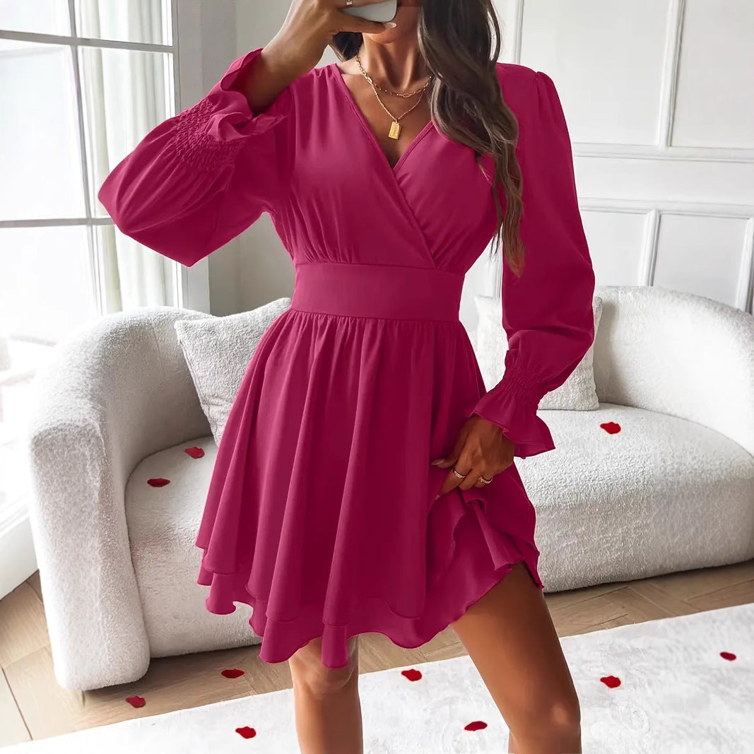 Fashion Double-Layer Skirt V-Neck Tight Waist Dress