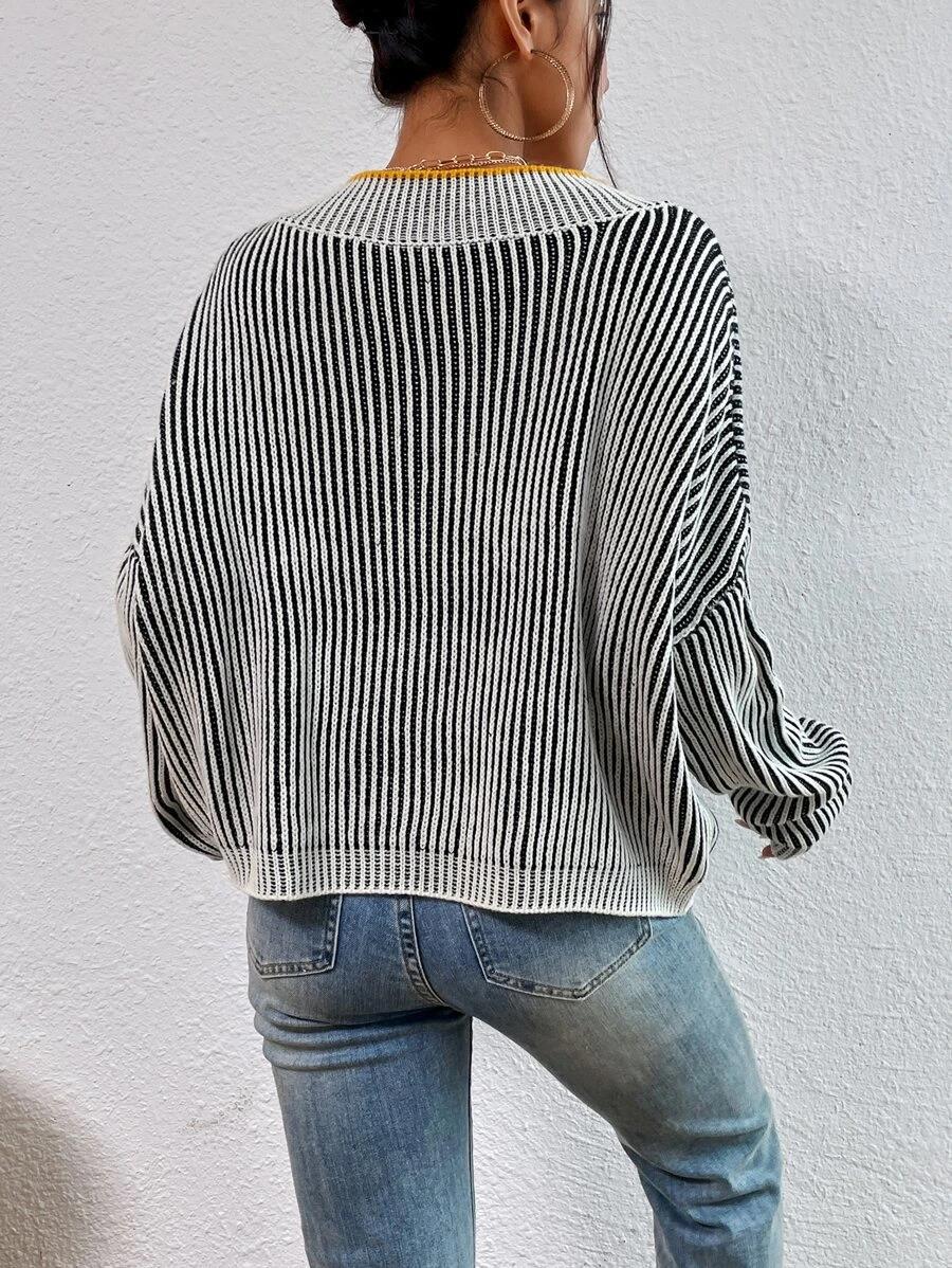 Fashion V-Neck Contrast Color Pullover Knitwear Sweater