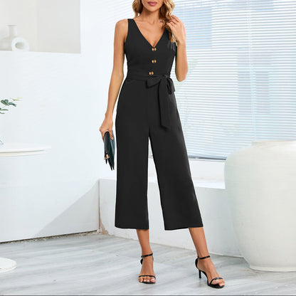 Fashion Button V-Neck Jumpsuit