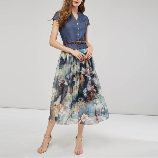 Fashion Denim Printing V-Neck Dress