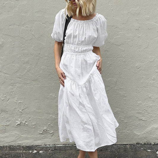 Fashion Off-Neck Cotton Puff Sleeve Dress