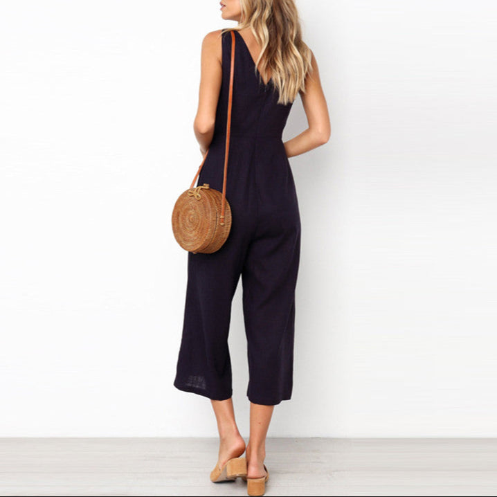 Fashion Dacron Button Backless Jumpsuit