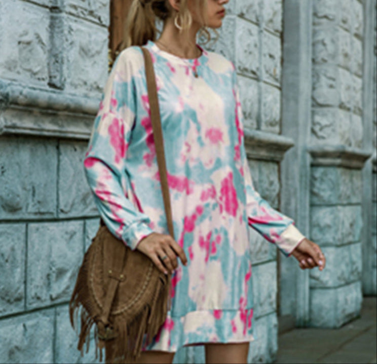 Fashion Long Sleeve Tie-Dye Mini Dress