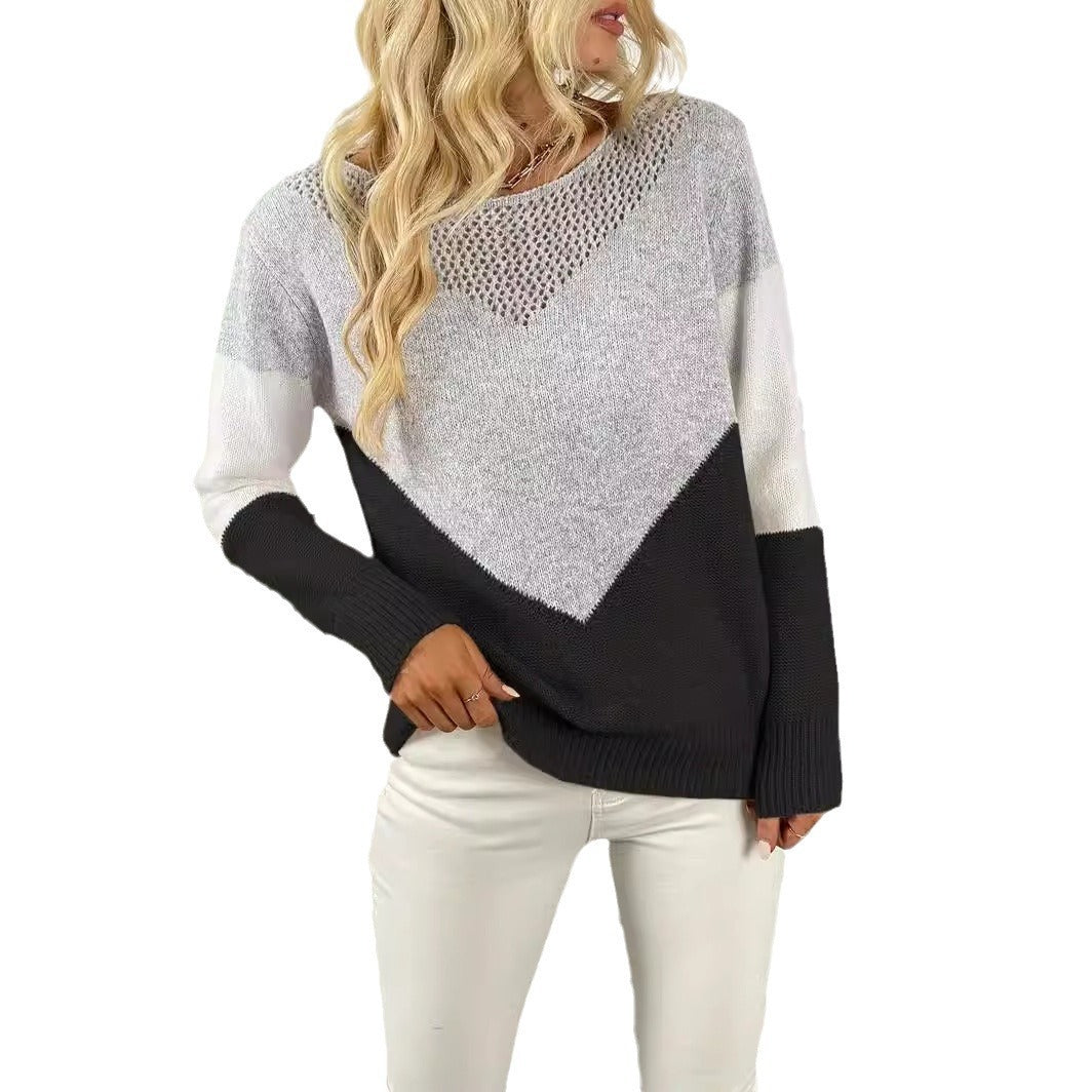 Fashion Round Neck Contrast Color Pullover Sweater