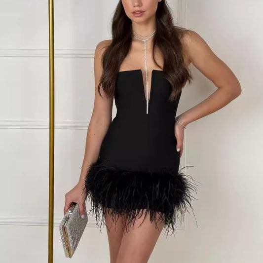 Fashion Deep V Strapless Ostrich Feather Hip-Wrapped Mini Dress