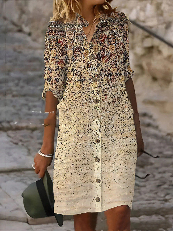 Fashion Printed Long-Sleeved Shirt Dress
