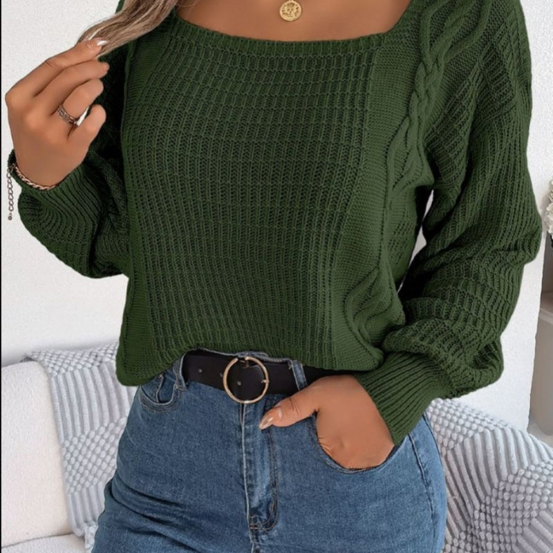 Fashion Square Collar Cable-Knit Sweater
