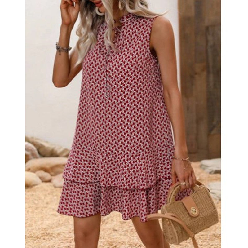 Fashion Bohemian Printed V-Neck Lace-Up Dress