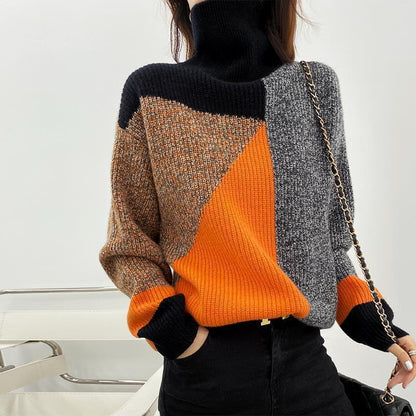 Fashion Retro Patchwork Contrast Color Turtleneck Sweater