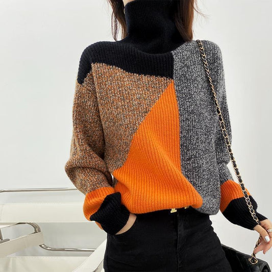 Fashion Retro Patchwork Contrast Color Turtleneck Sweater