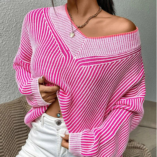 Fashion V-Neck Contrast Color Pullover Knitwear Sweater