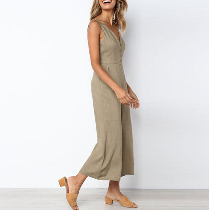 Fashion Dacron Button Backless Jumpsuit
