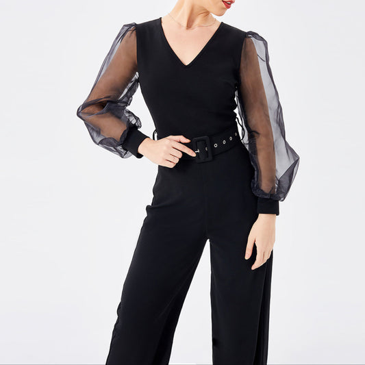 Fashion Patchwork V-Neck Jumpsuit