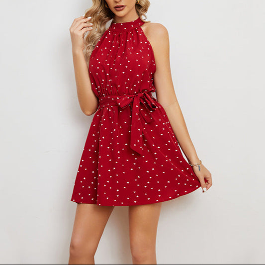 Fashion Printed Lace Up Collar Dress