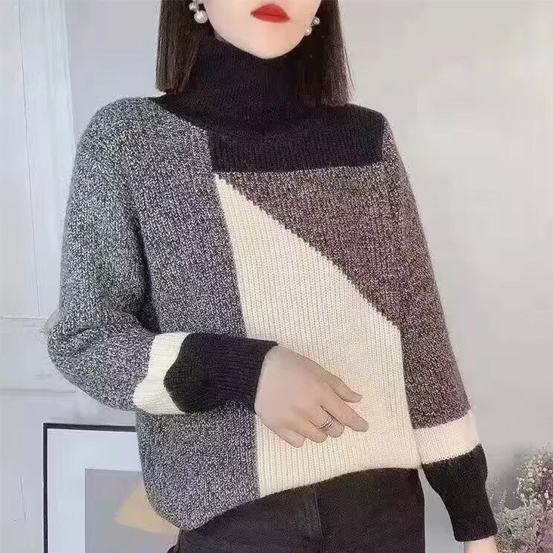 Fashion Retro Patchwork Contrast Color Turtleneck Sweater