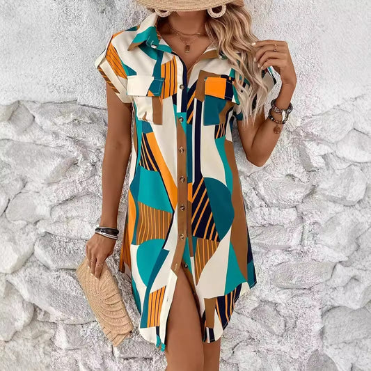 Fashion Geometric Printed Shirt Dress