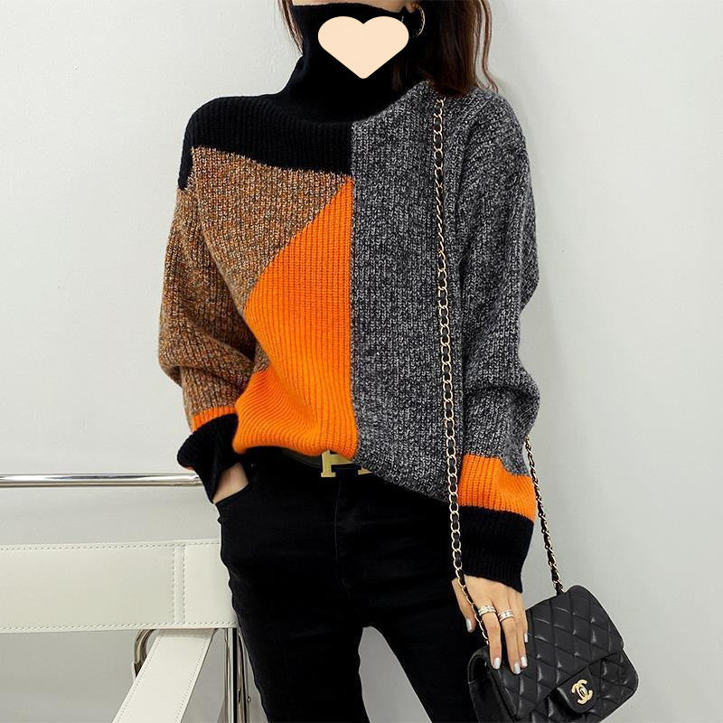 Fashion Retro Patchwork Contrast Color Turtleneck Sweater