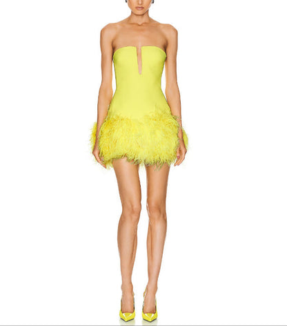 Fashion Deep V Strapless Ostrich Feather Hip-Wrapped Mini Dress