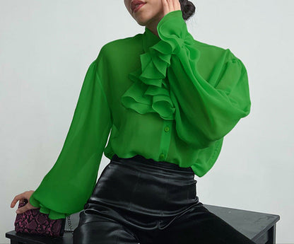 Fashion Chiffon Perspective Ruffle Slim Fit Shirt