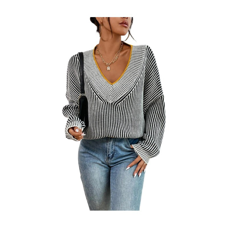 Fashion V-Neck Contrast Color Pullover Knitwear Sweater